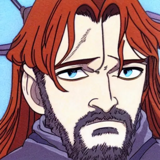 Image similar to boromir from the anime lord of the rings (1986), ginger hair, looking serious, some beard, studio ghibli, very detailed, realistic