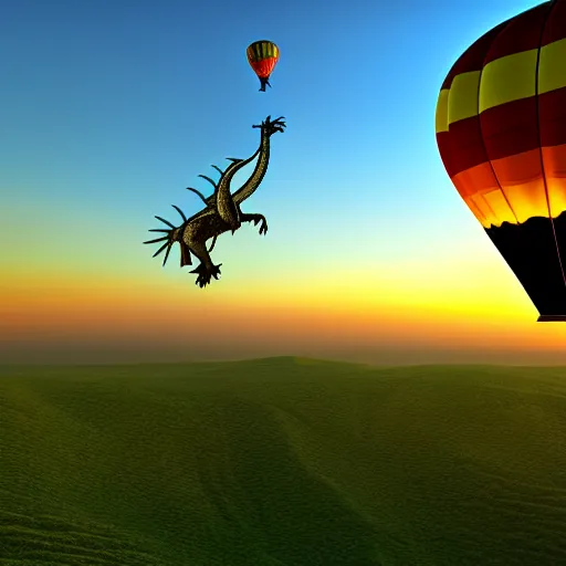 Prompt: 3D render of a medieval flying dragon attacking a hot air balloon during sunset, extremely detailed, 4K