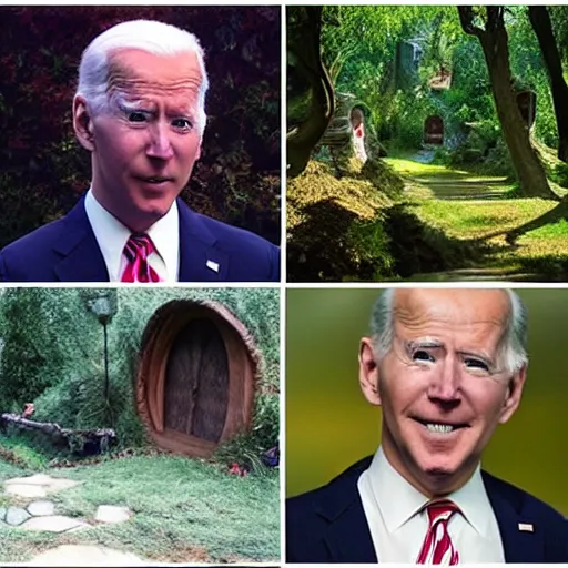 Prompt: The Shire where every hobbit is Joe Biden, photo