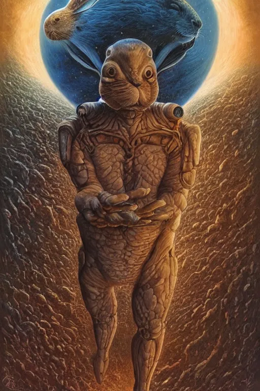 Prompt: a giant humanoid space rabbit. art by tomasz alen kopera and glenn fabry.