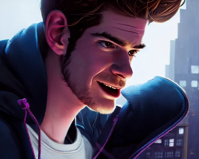 Prompt: highly detailed portrait of andrew garfield, in spider - man : into the spider - verse, stephen bliss, unreal engine, fantasy art by greg rutkowski, loish, rhads, ferdinand knab, makoto shinkai and lois van baarle, ilya kuvshinov, rossdraws, tom bagshaw, global illumination, radiant light, detailed and intricate environment