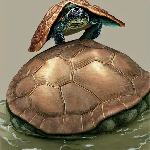 Prompt: regal papal pond turtle wearing a pope hat, D&D, fantasy, portrait, highly detailed, digital painting, trending on artstation, concept art, sharp focus, illustration, art by artgerm, greg rutkowski and magali villeneuve #pope francis #red ear slider turtle #vatican #pond turtle #catholic