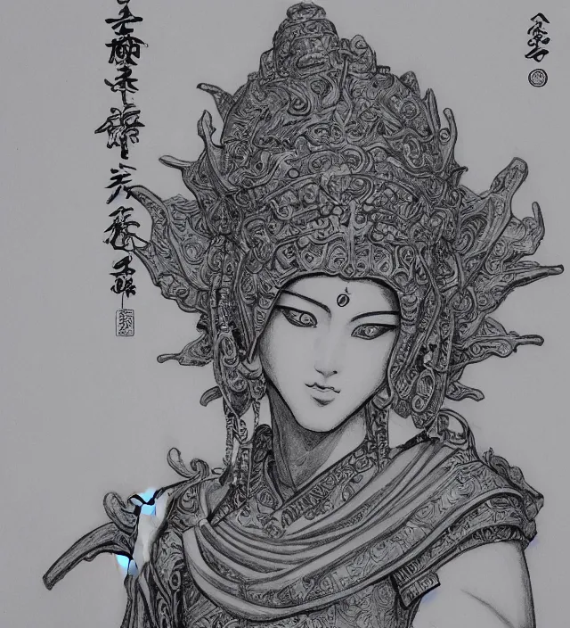 Image similar to taoist buddhist biblical art brush ink 3 d drawing of a beautiful girl epic photorealistic portrait in squareenix miura kentaro sorayama technoir noir style detailed trending award winning