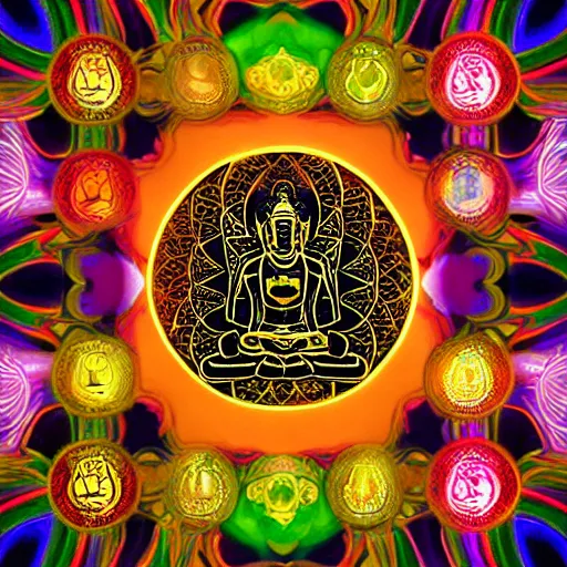 Image similar to rainbowcore, black buddha glowing, surrounded by lotus, with the sun shining with the moon, with detailed mandala filled with fractals, bioluminescence, glowing runes, de-noise, symmetrical composition, high detailed +, ornate border, 32k