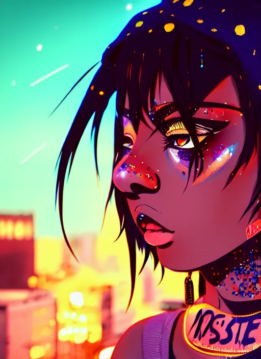 Image similar to a streetwear anime style mixed woman wearing thick mascara, crying, a city on fire in the background, police lights shine on her face, tattoos, dark glitter, Cinestill 50d, 4k, 8k, hd, full color, octane render, trending on artstation, highly detailed