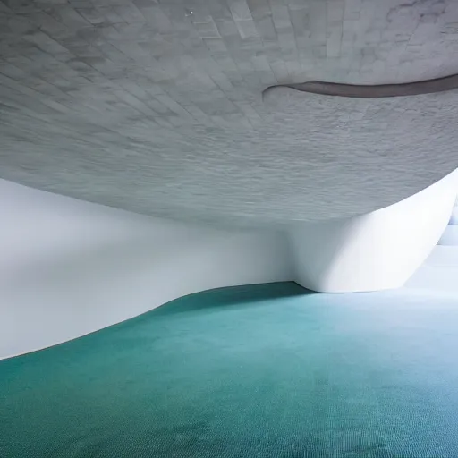 Image similar to a large room with surreal minimalist architecture, partially flooded by blue green water, liminal space, made of all white ceramic tiles, surreal, curving hallways, rounded ceiling, stairs,