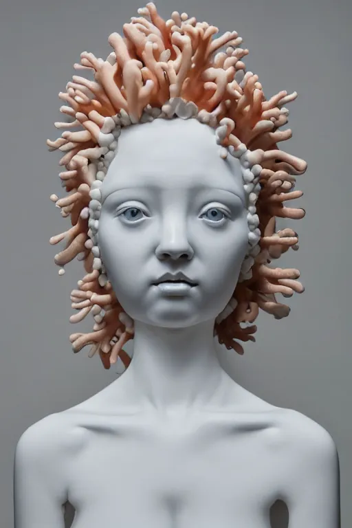 Image similar to full head and shoulders, beautiful female white, porcelain sculpture, with complex colourful plastic coral sea anemones on her head by daniel arsham and james jean, on a white background, delicate facial features, white eyes, white lashes