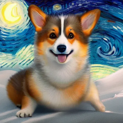 Prompt: extremely realistic and detailed digital painting of a happy corgi puppy, snowy background, starry night sky, greg rutkowski, artgerm, moebius, simon stalenhag, ruan jia, makoto shinkai, trending on artstation, award - winning, masterpiece, 8 k