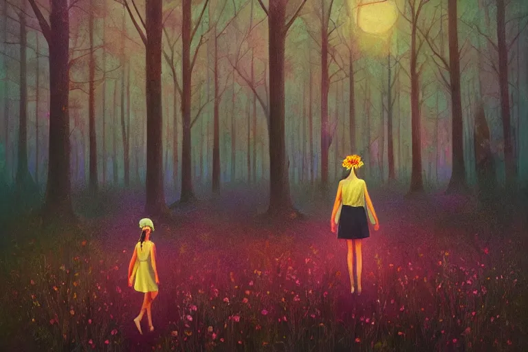 Image similar to giant daisy flower on head, girl walking in forest, big trees, surreal photography, dark night, stars, moon light, impressionist painting, clouds, digital painting, artstation, simon stalenhag