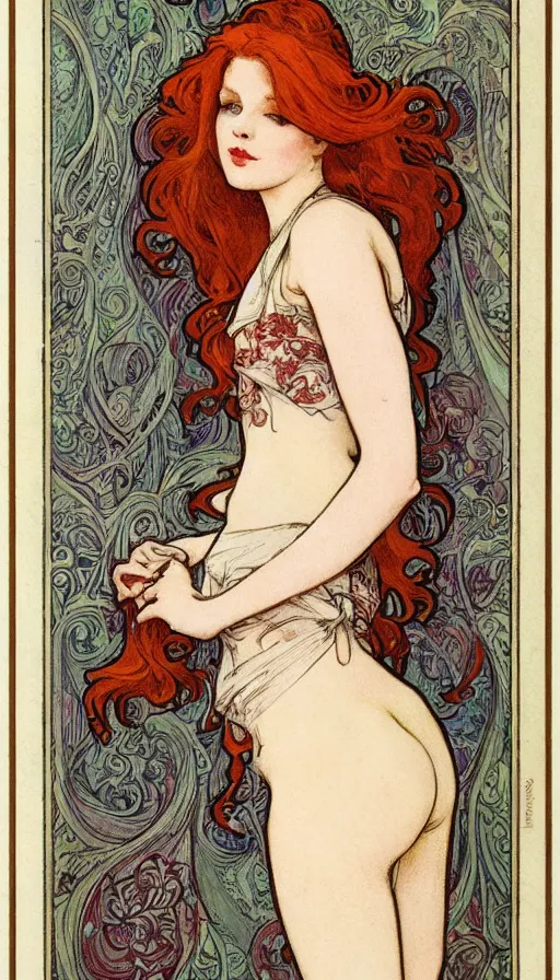 Prompt: beautiful redhead woman, bow around waist, ornate, mucha