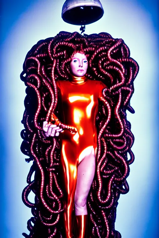 Image similar to full - length portrait of medusa gorgon in a space suit, fashion color studio lighting, 3 5 mm, close - up