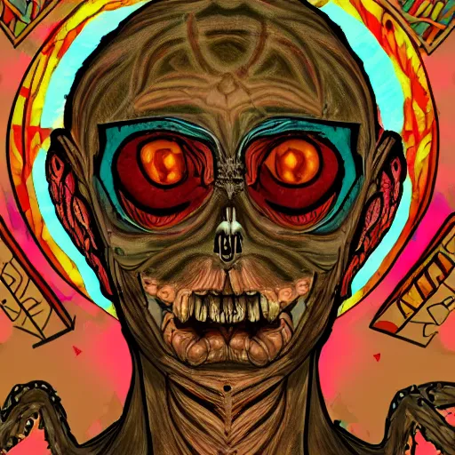 Image similar to portre of an autistic demon on acid, masonic and kabalistic symbols in background, digital art, 8k, delicate details