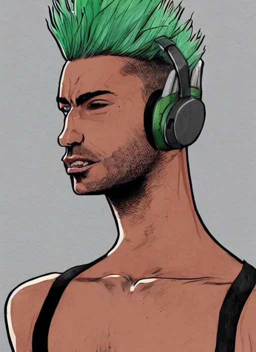 Prompt: portrait of a man with gray and green mohawk wearing a gray headset and brown tank top, gray and green mohawk, gray headset, brown tank top. art by oliver bonhomme, oliver bonhomme artwork. portrait.