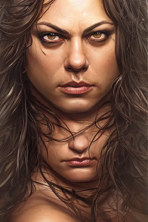 Image similar to muscled Mila Kunis as a ruggedly handsome hero, intricate, elegant, highly detailed, centered, digital painting, artstation, concept art, smooth, sharp focus, illustration, art by artgerm and donato giancola and Joseph Christian Leyendecker, WLOP