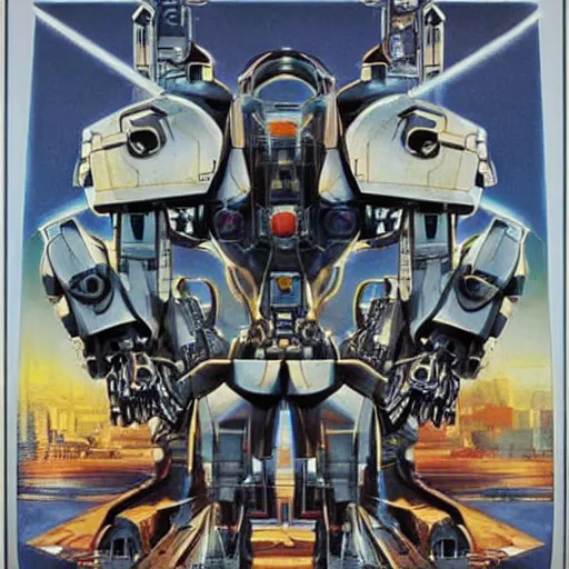 Image similar to mecha robot, symmetrical, movie poster art by drew struzan,