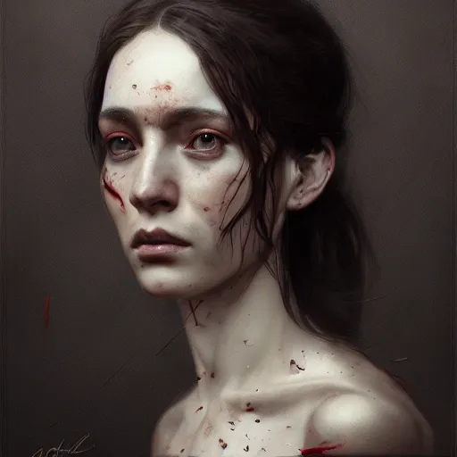 Image similar to portrait of a woman, sad, cry, gloomy, bloody, intricate, elegant, highly detailed, digital painting, artstation, concept art, matte, sharp focus, illustration, octane render, unreal engine, art by aenaluck and roberto ferri and greg rutkowski, epic fantasy, digital painting