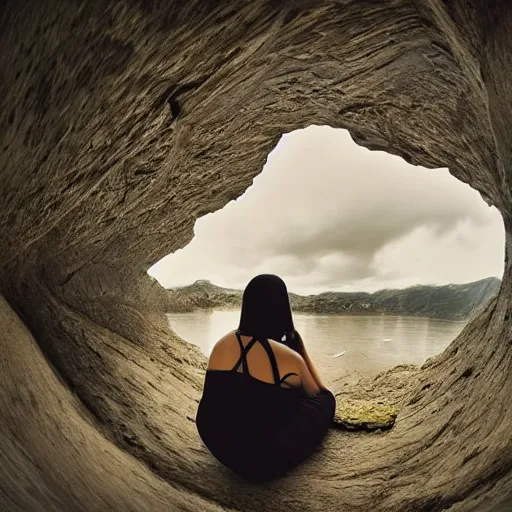 Image similar to Woman sitting under a ginormous rock overhead, partially cupping her hands, gesturing it outward!!!!! to the camera!!!!!, in a rainy environment, fisheye!!!!! lens!!!!!, rainy and wet atmosphere, closeup!!!!!, dark and grim lighting, trending on artstation, 4k, 8k