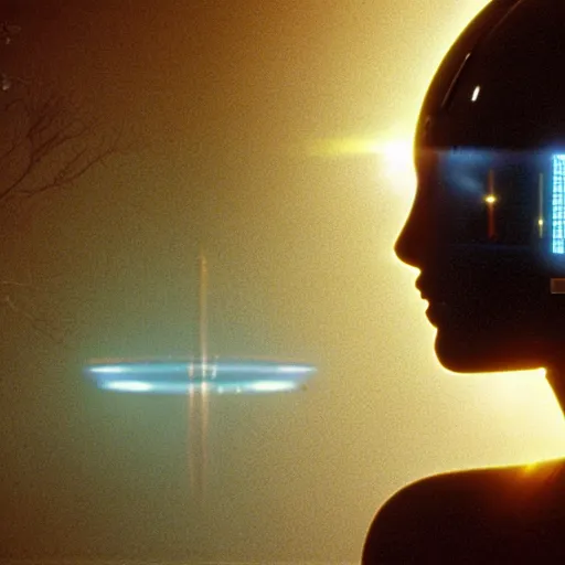 Prompt: beautiful Fine art photo of a young meditative godess wearing a cyberpunk electronic mayan helmet, photorealistic, high quality, sunrise lighting, in the movie 2001 A SpaceOdyssey, 8k