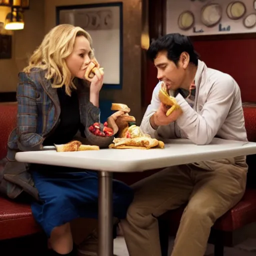 Image similar to catherine heigl and tenth is khan eating sandwiches at a diner, ultrarealistic, photorealistic, 8 k, ultra hd