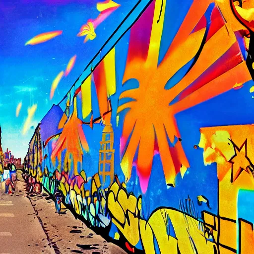 Image similar to fall of the berlin wall, in the style of lisa frank