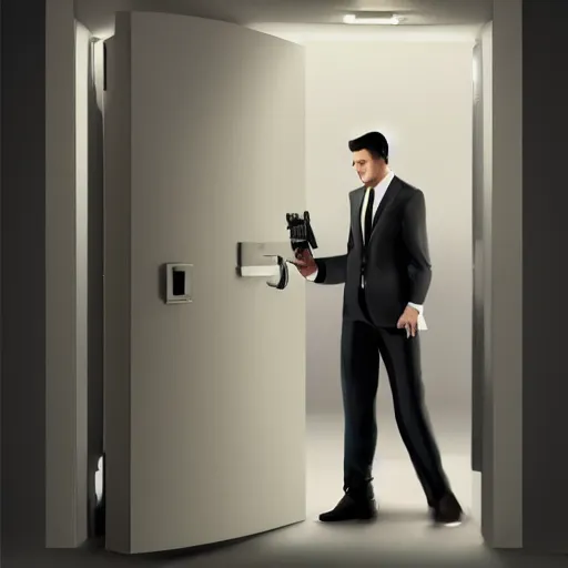 Image similar to a man in a suit holding a briefcase coming out of an door that has an white room in it, Matte painting , detailed painting, greg rutkowski