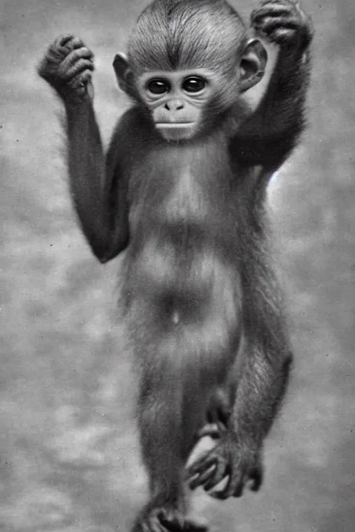 Prompt: horrifying failed soviet experiment, baby monkey hybrid, disturbing, vintage photo