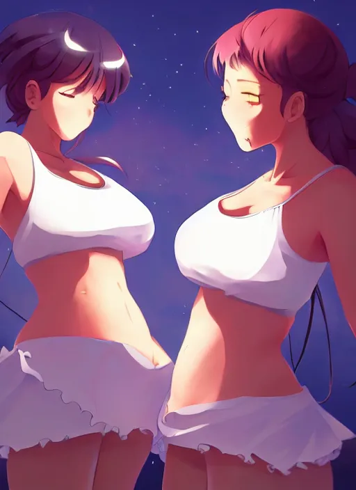 Prompt: two beautiful mothers outside in the evening, tank tops, gorgeous faces, thick lines, cinematic lighting, detailed anime art