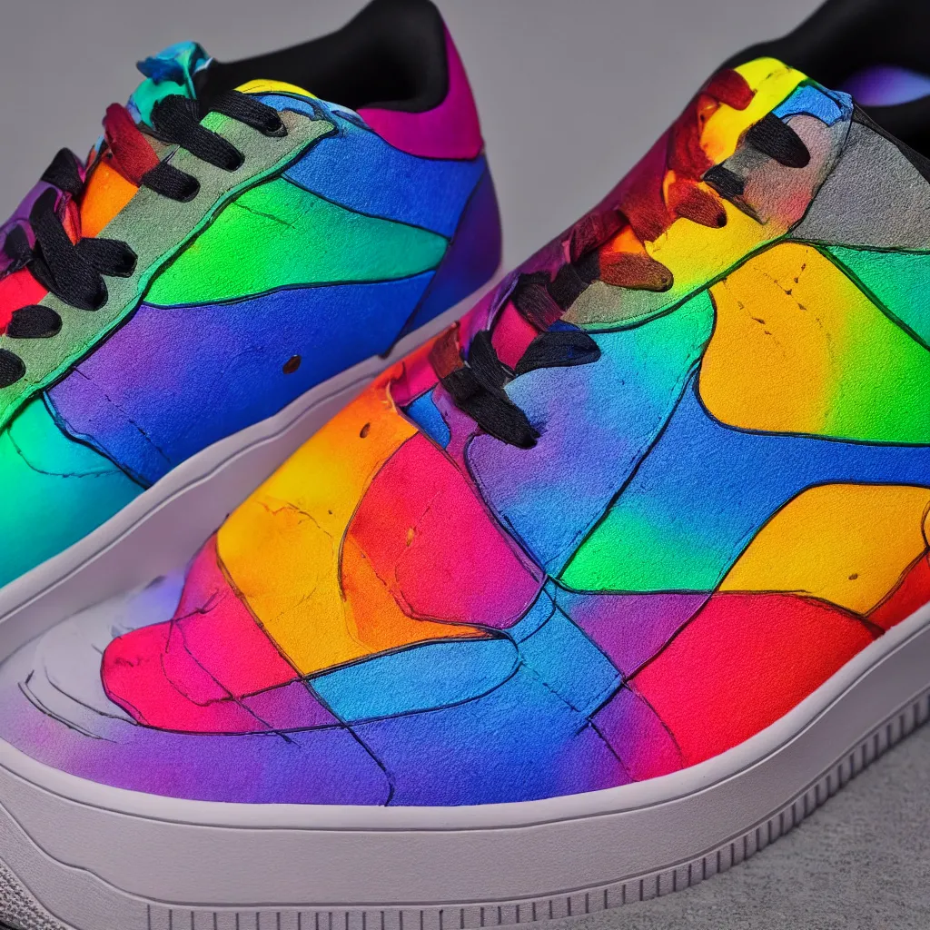 Prompt: photography of a realistic rainbow color air force sneaker, ultra detailed, 8 k, black background