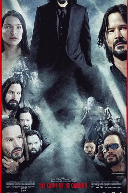 Prompt: Keanu Reeves as Jesus Christ on the cover of a movie poster for a movie directed by Christopher Nolan, movie poster design, Keanu is t-posing, t-pose