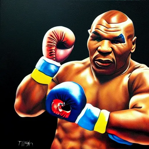 Prompt: a vivid airbrush painting of mike tyson eating a fist full of shrooms