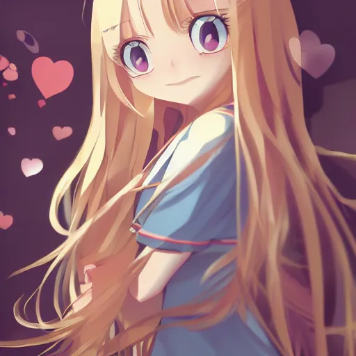 Image similar to a very beautiful anime girl, full body, long wavy blond hair, sky blue eyes, full round face, short smile, cute top, miniskirt, surround by a miniature crowd of people,wallpaper by wlop