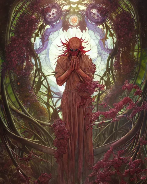 Image similar to the platonic ideal of flowers, rotting, insects and praying of cletus kasady carnage davinci dementor chtulu mandala ponyo dinotopia the witcher, fantasy, ego death, decay, dmt, psilocybin, concept art by randy vargas and greg rutkowski and ruan jia and alphonse mucha