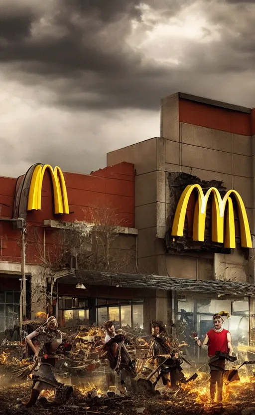 Prompt: beautiful epic poster of mcdonalds in an apocalypse. thunder, lightning, hd, hq. very detailed.