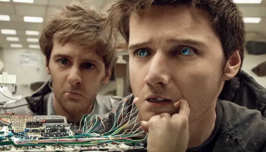 Prompt: big budget movie about a super computer fusing its wires and circuits with the brain of an unwilling, screaming human