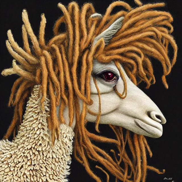 Prompt: llama with dreadlocks, by otomo katsuhiro, by mandy jurgens, ernst haeckel, james jean