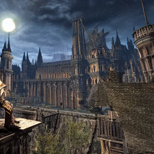 Image similar to A sprawling view of Anor Londo, Dark Souls in a starry night, a dragon flies in the distance