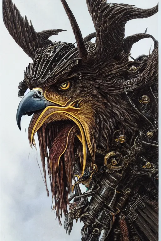 Image similar to sideview waist up portrait of eagle wear baphomet armor made with porcelain by jeff easley and peter elson, beautiful eyes and face, symmetry face, galaxy, gothic, surreal, dread, highly detailed, intricate complexity, epic composition, magical atmosphere, masterpiece, award winning, trending on artstation