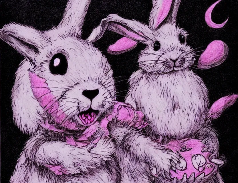 Prompt: old - school dark fantasy art, cute fluffy pink soul - eating bunny