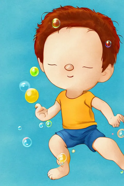 Image similar to a little boy with ginger hair chasing bubbles. clean elegant simple illustration, beautiful detailed face.