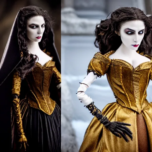 Image similar to photo taken of an epic intricate, ultra detailed, super realistic stop motion puppet of a majestic gracious regal aristocratic brunette female vampire and gothic filmset created by weta workshop, menacing, wide angle, full body shots, photorealistic, sharp focus, white wall, extremely cold blueish colour temperature, 3 5 mm, f 1. 4, golden ratio