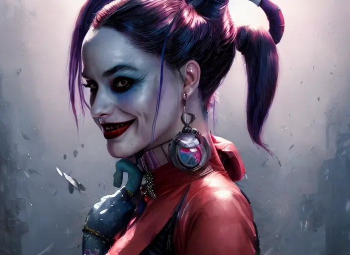 Image similar to highly detailed portrait of a beautiful harley quinn, in batman : arkham asylum, stephen bliss, 8 k, unreal engine, fantasy art by greg rutkowski, loish, rhads, ferdinand knab, makoto shinkai and lois van baarle, ilya kuvshinov, rossdraws, tom bagshaw, global illumination, radiant light, detailed and intricate environment