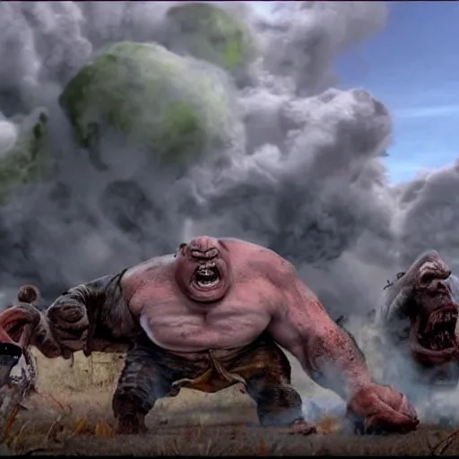 Image similar to a huge violent angry ogre huge violent angry ogre huge violent angry ogre stomps through background trailer homes and smashed trailer homes, people looking on in astonishment