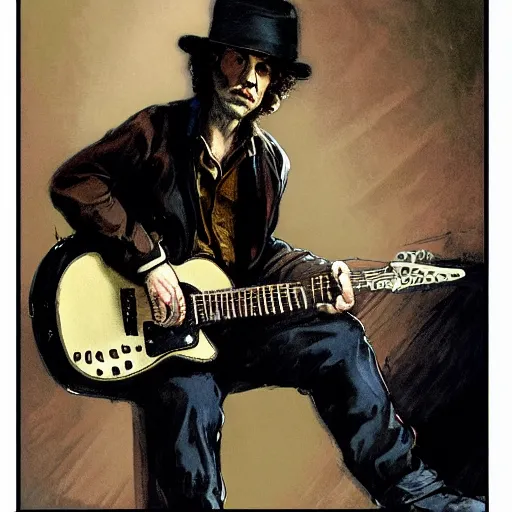 Prompt: character portrait of a rugged bob dylan playing his guitar in the fullham. f. c stadium, gothic, john singer sargent, muted colors, moody colors, illustration, digital illustration, amazing values, art by j. c. leyendecker, joseph christian leyendecker, william - adolphe bouguerea, graphic style, dramatic lighting, gothic lighting