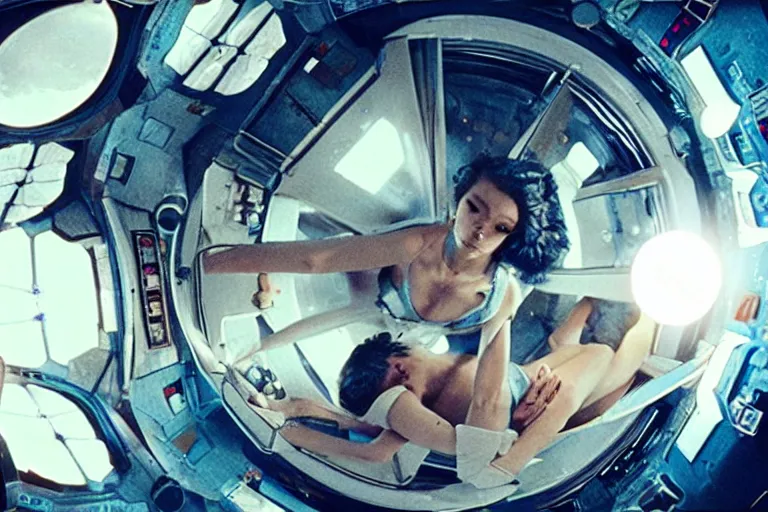 Image similar to film still of closeup beautiful model space tourists, space port by emmanuel lubezki