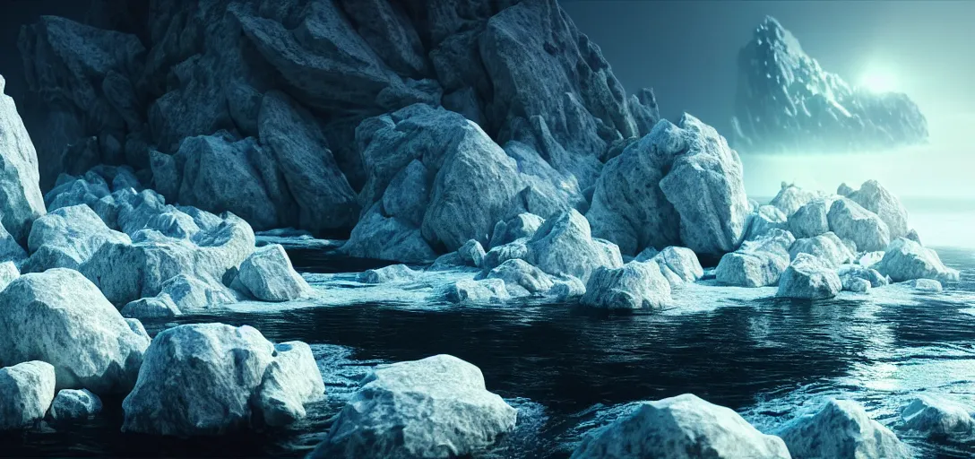 Image similar to octane render uhd, 8 k art photography, filmic lighting, cinematic art shot, hyperrealistic, hyperdetailed, super detailed, 8 k, high resolution, mysterious strangle glowing crystalline structure made of white rocks in the far distance, 8 k uhd photography by ross tran and ivan aivazovsky, black water, midnight