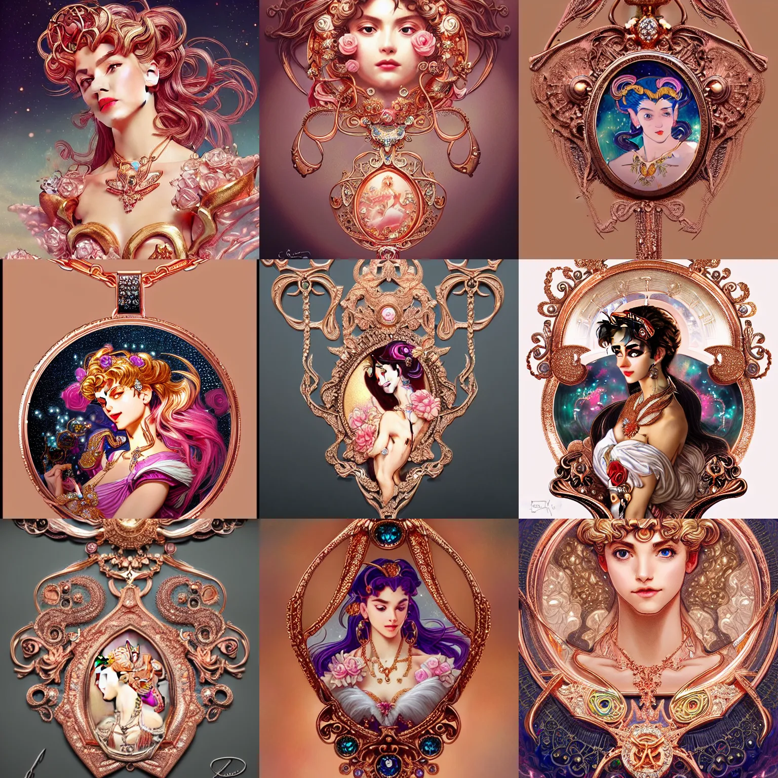 Prompt: a Maximalism beautiful detailed necklace made of rose gold glowing in sparkles with heavenly notes Neo Rococo, highly detailed sailor moon aesthetic, fantasy, intricate, elegant, highly detailed, digital painting, artstation, concept art, matte, sharp focus, illustration, Artgerm and Greg Rutkowski and Alphonse Mucha