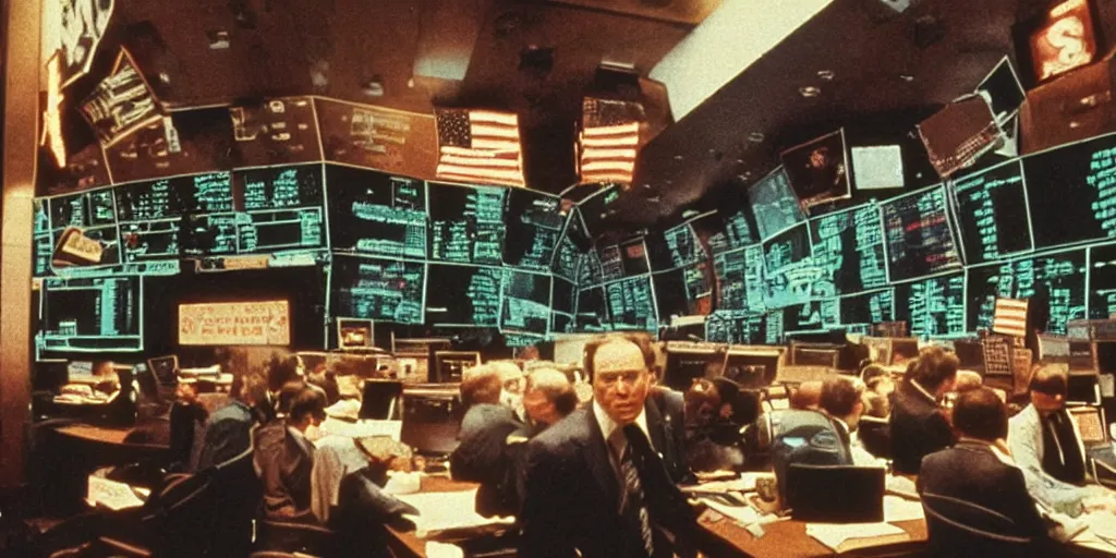 Prompt: colorful muted film still of a wall street board room, ridley scott, crazy fearful atmosphere, bankers crying, stock market crash symbols on the wall, 1 9 8 0 s science fiction, dark science fiction movie