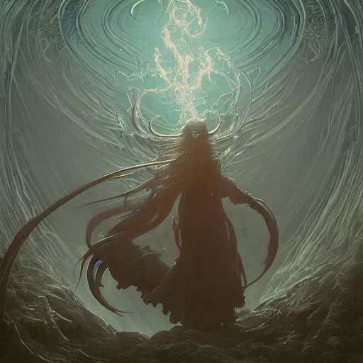 Image similar to eldritch anime witch in the style of michael whelan and gustave dore. hyperdetailed photorealism by greg rutkowski. 1 0 8 megapixels, 3 d finalrender, cinematic lighting, witchcraft summoning circle