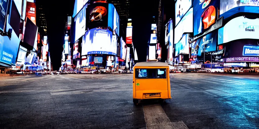 Prompt: a blue and white tuk tuk in Times Square at night, hazy, cloudy, diffused lighting, concept art, dark purple tones, shallow depth of field4k