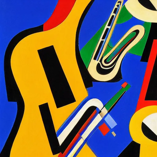 Prompt: professional high quality digital art. a saxophone, a piano, and a double bass. kandinsky. henri matisse, georges braque, juan gris, fernand leger. digital art, octane, ue 5, 8 k, 4 k, hq, concept art.